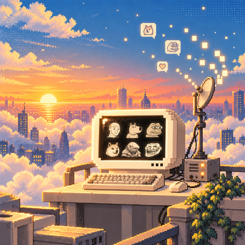 A rooftop computer at sunset, broadcasting the Meme Agency crew above the clouds