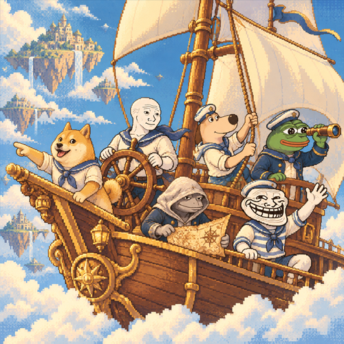 The Meme Agency crew sailing a wooden ship through a sky of floating islands