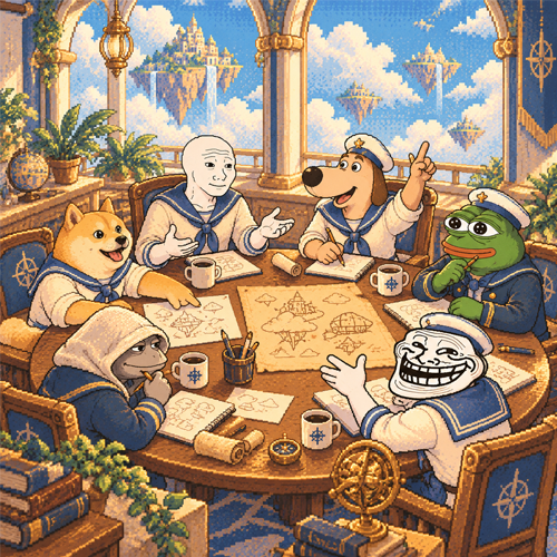 The Meme Agency crew planning around a round table in a cloud headquarters