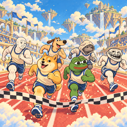 The Meme Agency crew racing toward a finish line above the clouds