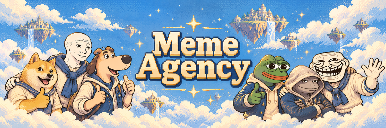 Meme Agency banner with the crew standing in the clouds among floating islands